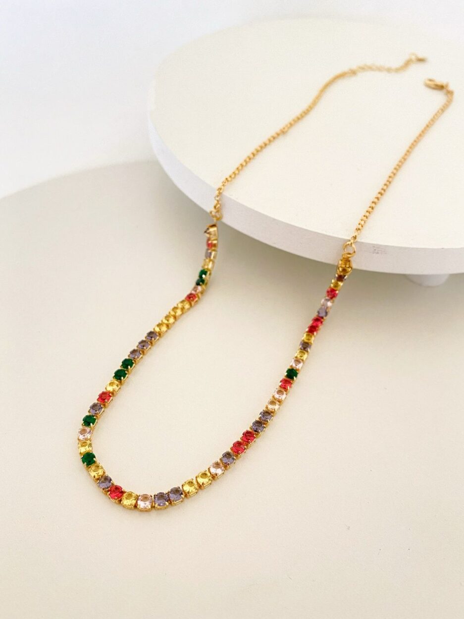 Choker riviera quadrada com elo português colorida 40 cm + extensor