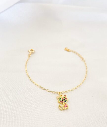 Pulseira infantil corrente Cartier português com pingente gatinho