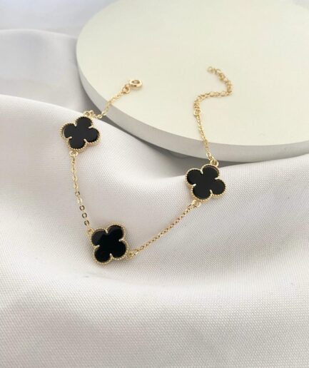 Pulseira preta 3 trevos preto - 18 cm + 5 cm extensor